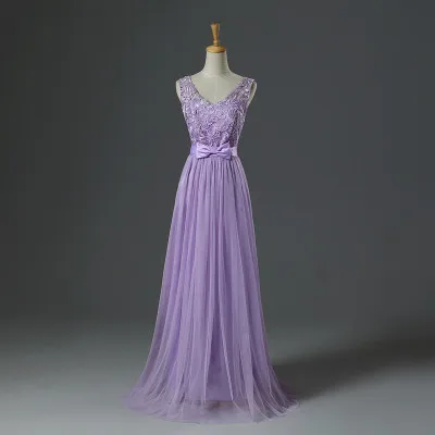 Женское длинное платье подружки невесты фиолетовое розовое с v-образным вырезом