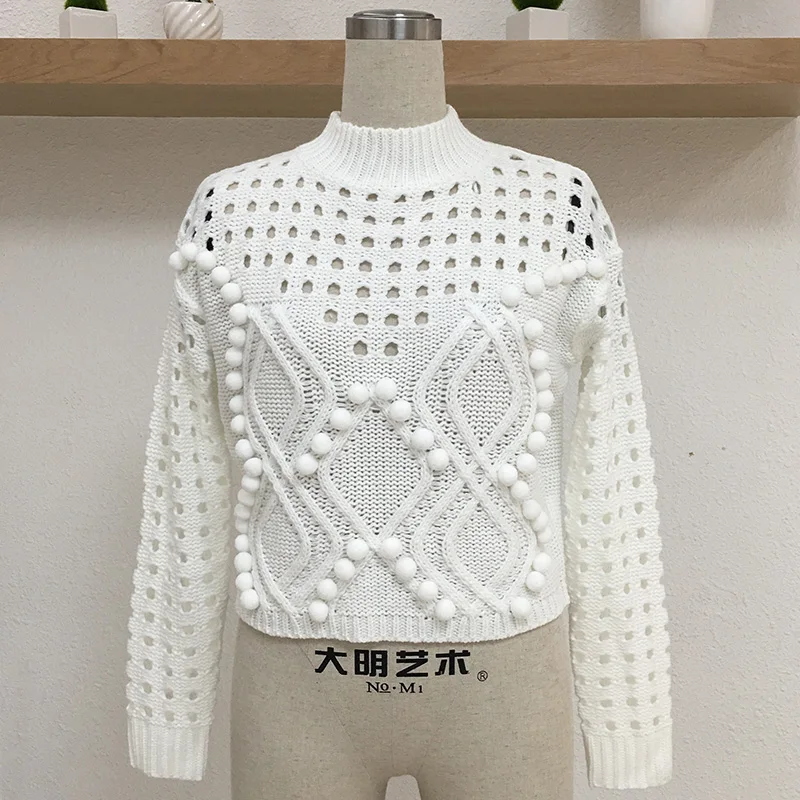 Sweater Women Pullover Knitted Hollow Out Pompom Long Sleeve Turtleneck Autumn Winter Casual Sweaters Knitwear Ladies | Женская одежда