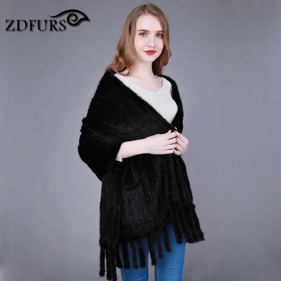 ZDFURS * Натуральная Вязаная Шаль из меха норки с карманом и бахромой норковая