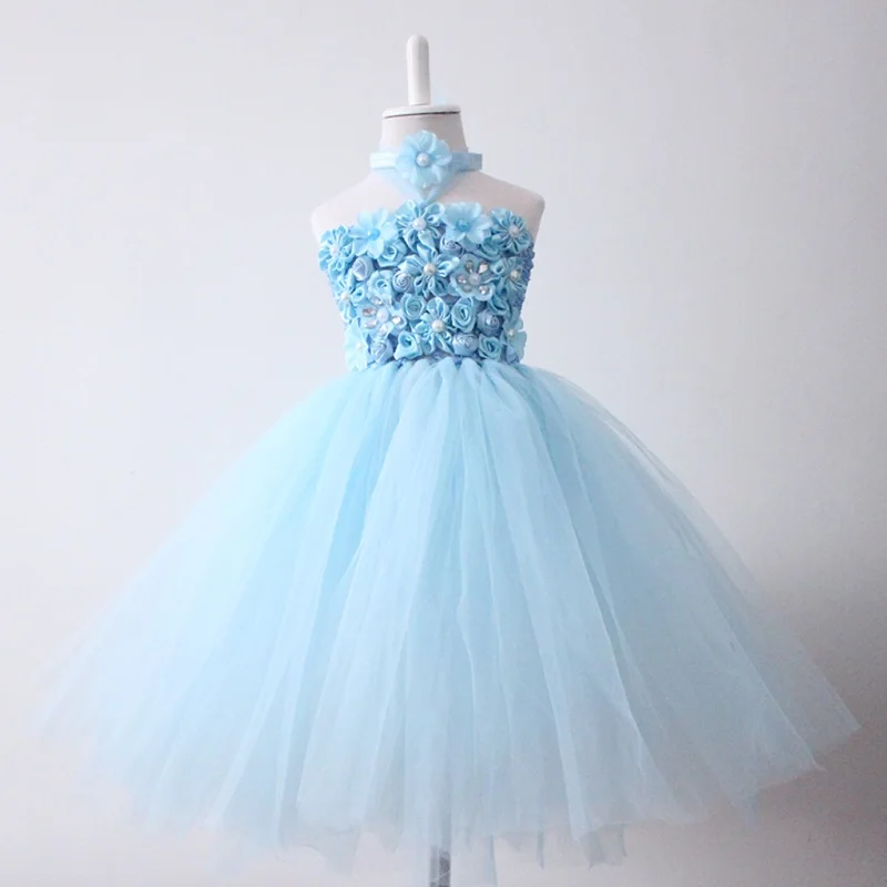 Flower girls light blue wedding party tutu dresses baby birthday ball gown fluffy pettiskirt Christening tutus | Детская одежда и