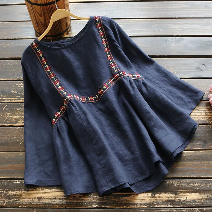 5114 New Spring Women Japan Style Literary Loose Nine Quarter Sleeve Blouse Linen O-Neck Embroidery Shirt Tops | Женская одежда