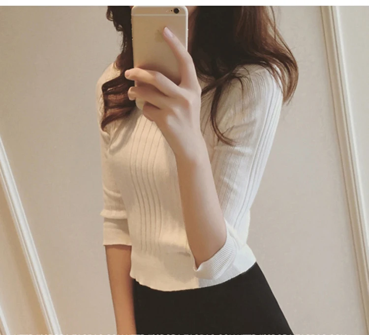 В Новинка 2017 г. Половина рукава Хлопок Crewneck свитер женский рукав головы рубашка с