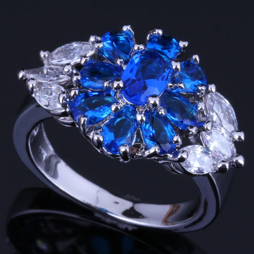 

Heavenly Flower Blue Cubic Zirconia White CZ Silver Plated Ring V0640