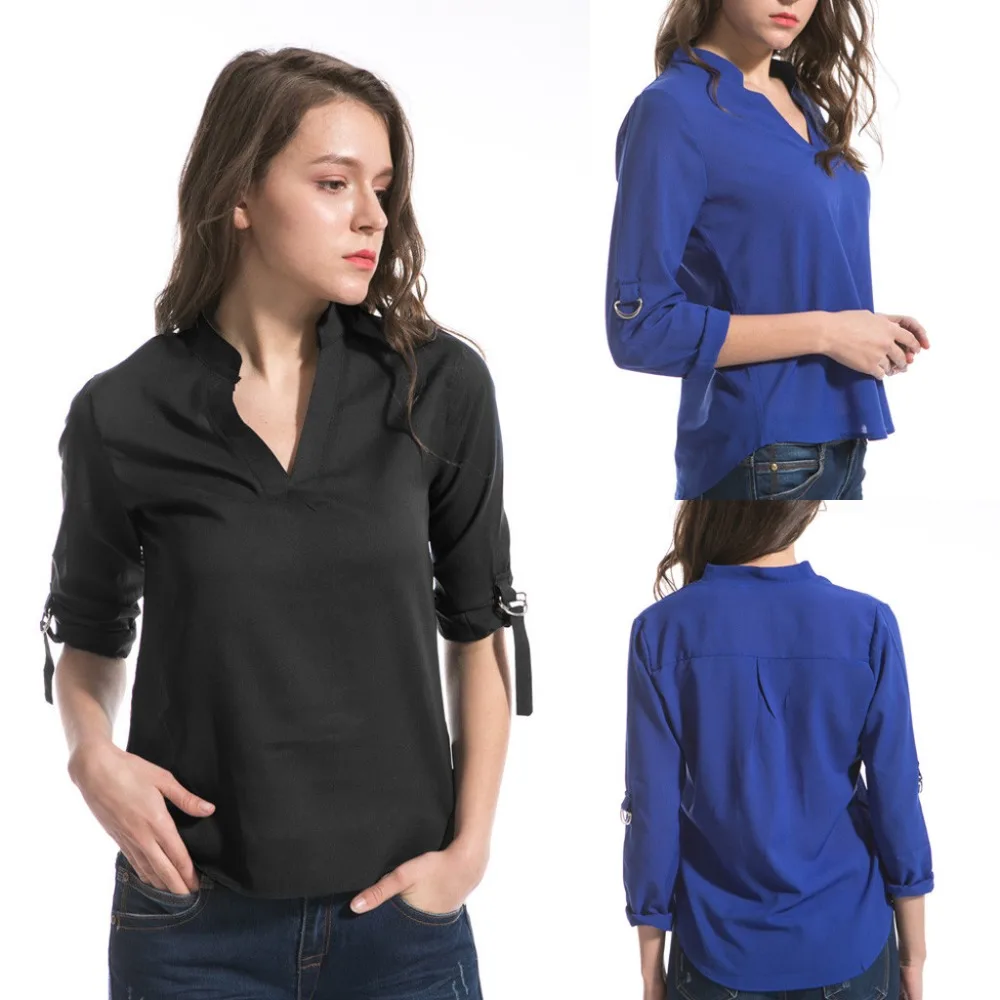Женская блузка с v образным вырезом однотонная шифоновая рубашка рукавом