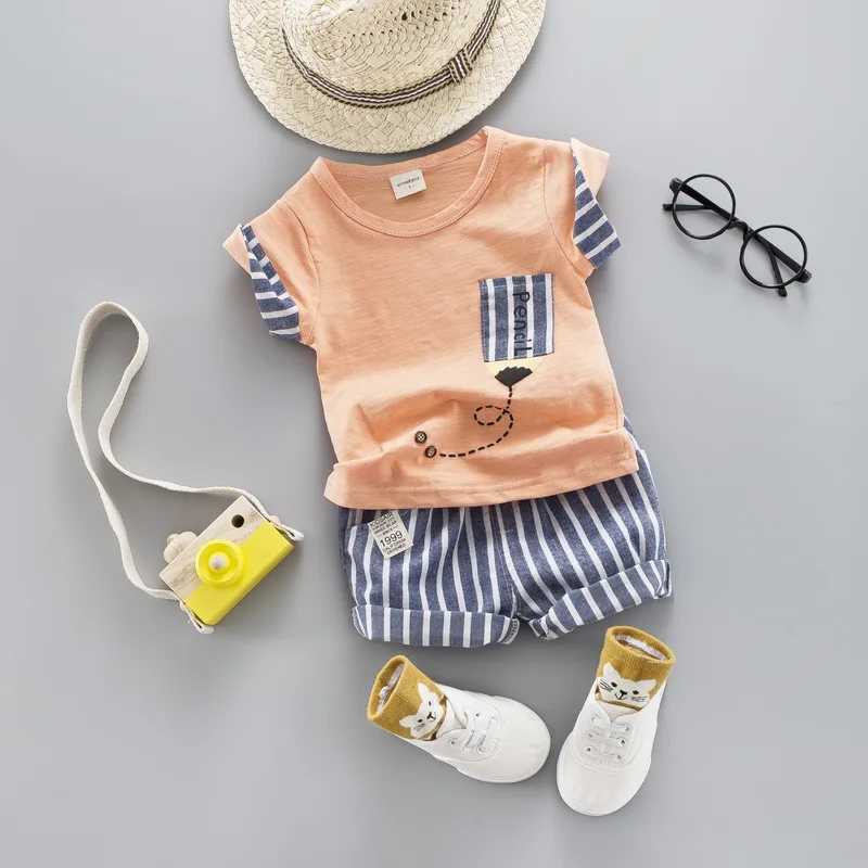 Boys Summer Clothing Set Kids Baby Suits 2019 New Cute Strip Short Pants Children Sleeve Shirt Suit |