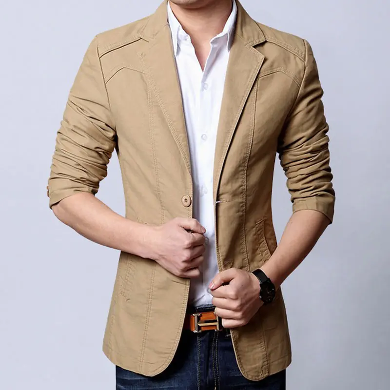 Хаки Мужская куртка-блейзер высокого качества одноцветное slim fit Пиджаки мужские костюмы деловые повседневные весна-осень мужской пальто jaqueta masculina - Цвет: Хаки
