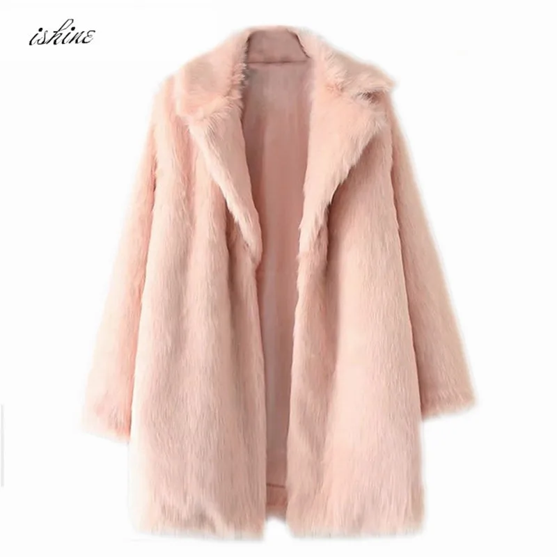 2017 модное розовое мягкое меховое пальто зимнее с длинным рукавом куртка оверсайз