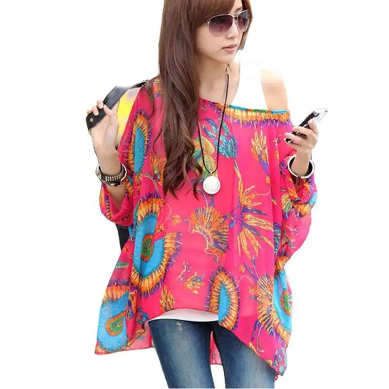Пикантные женские шифоновые блузки печати на одно плечо перекос шеи свободные