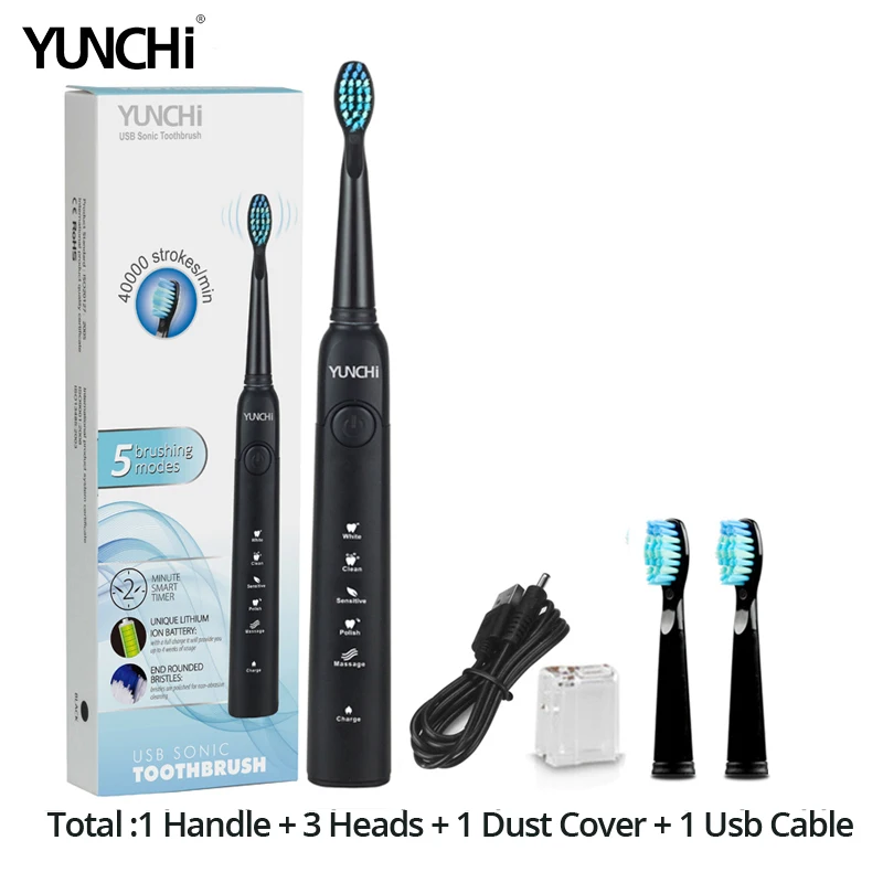 Black yunchi Y1 Seago SG-507, электрическая зубная щетка для взрослых с таймером, электрическая зубная щетка с зарядкой от USB, 3 шт., Сменная головка щетки - Цвет: Black yunchi Y1