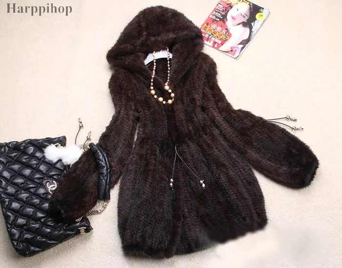 2021 Ladies' Fashion Real Knitted Mink Fur Coat Jacket with Hoody Winter Women Fur Outerwear Coats Slim Belt