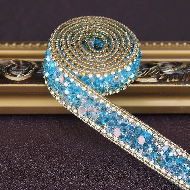 Accesorios de vestido de novia con diamantes de imitación de cristal azul, adorno de encaje con cuentas de perlas, parches de aplique de tela, plancha o cosido, 2x100cm
