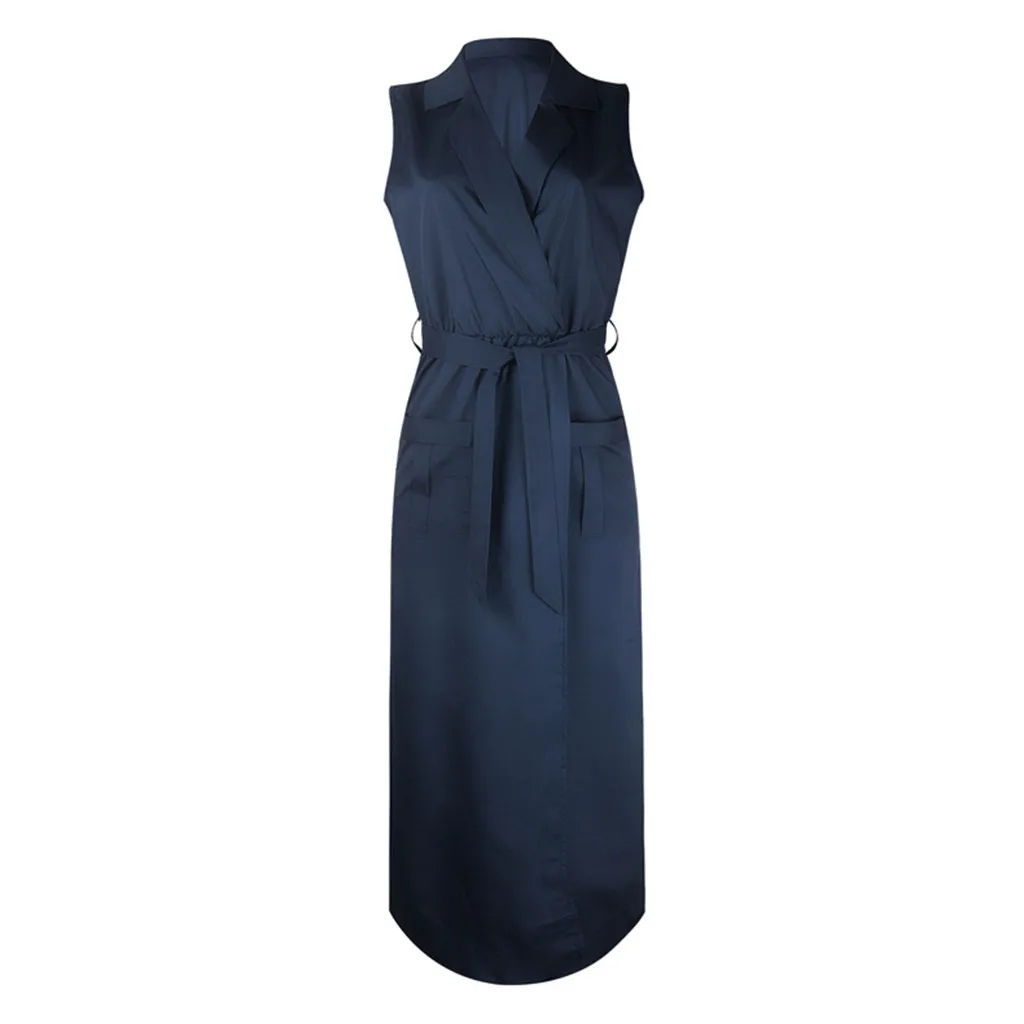 

Sleeveless Long Dress Women Summer 2019 Ladies Elegant Solid Cross V-Neck Pockets Belt Loose Maxi Dress Beach Sundress Robe #20