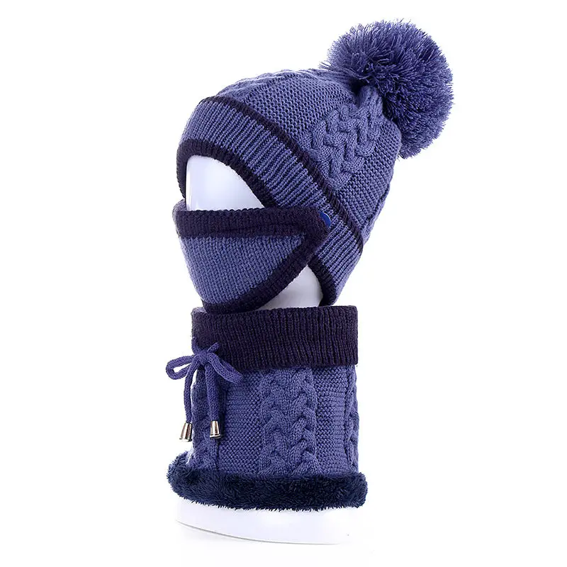 Navy Blue 3 шт./компл. зимняя женская шапка маска; цвет оранжевый; уход за кожей лица protrction вязаная шапка для девочек; верх: помпоны-Балаклава шапка высокое качество Обувь на теплом меху шляпа - Цвет: Navy Blue