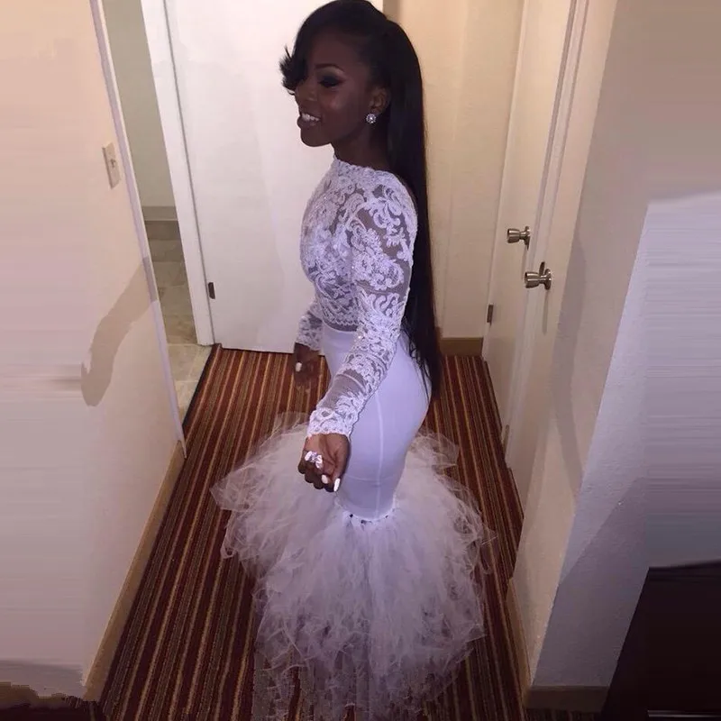 Женское вечернее платье-русалка белое кружевное платье с длинными рукавами для