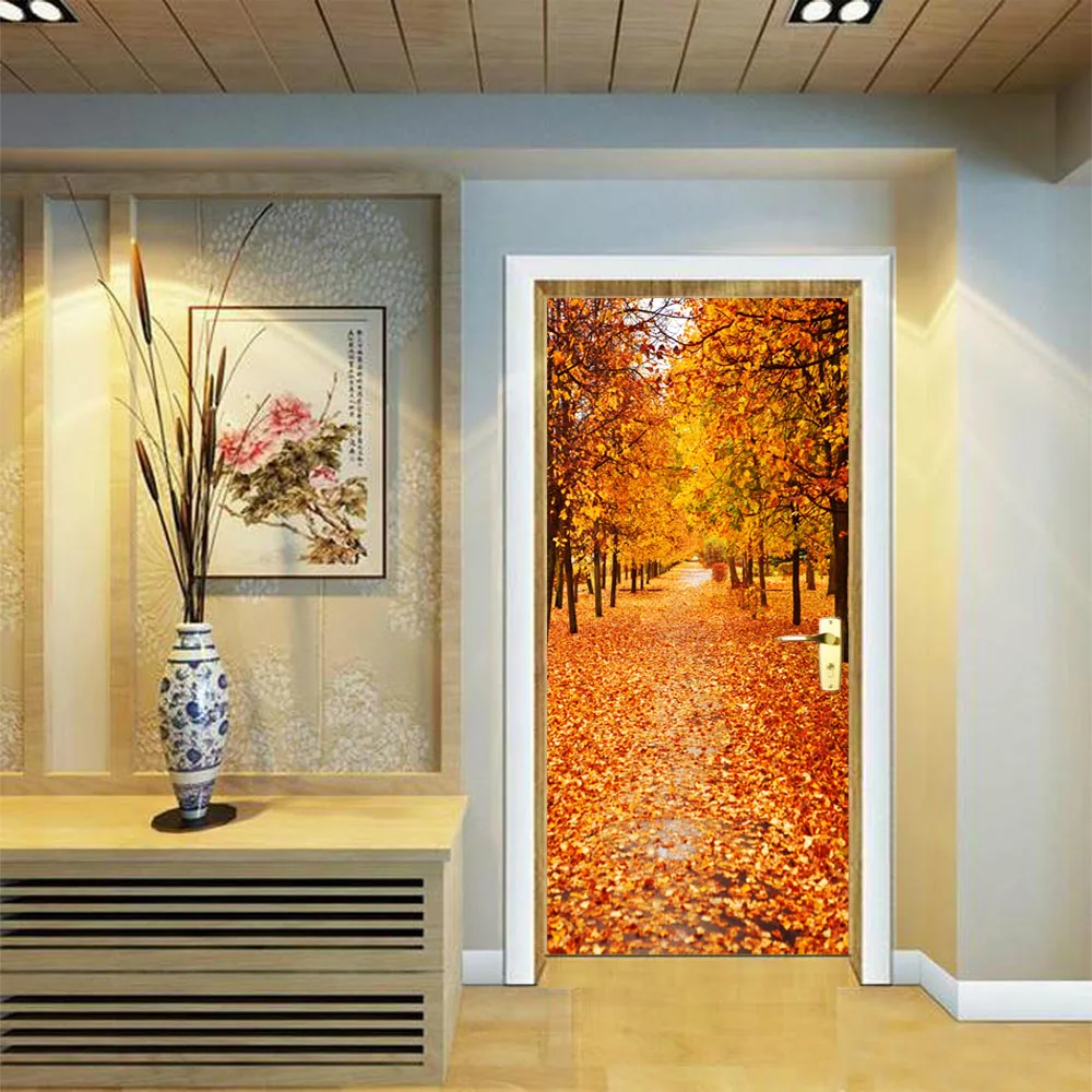 Новейшие дверные наклейки с листьями из осенней древесины для спальни гостиной