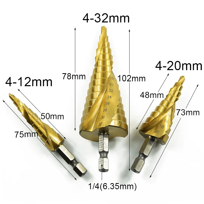 3Pcs 1/4" Shank HSS Spiral Grooved Center Drill Bit Pagoda Shape Hole Cutter 4-12/20/32mm Carbide Titanium Step Cone | Инструменты