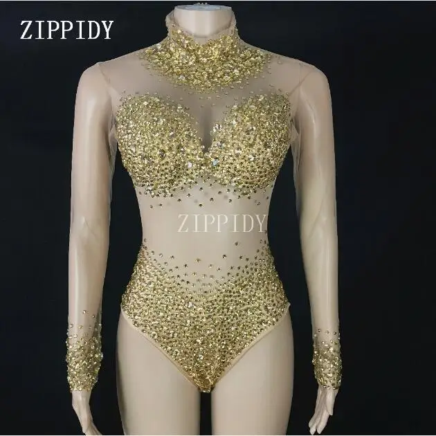 Glisten Rhinestones High Neck Mesh Bodysuit Female Singer Stage Wear Women Birthday Outfit Nightclub Show Perspective Bodysuits