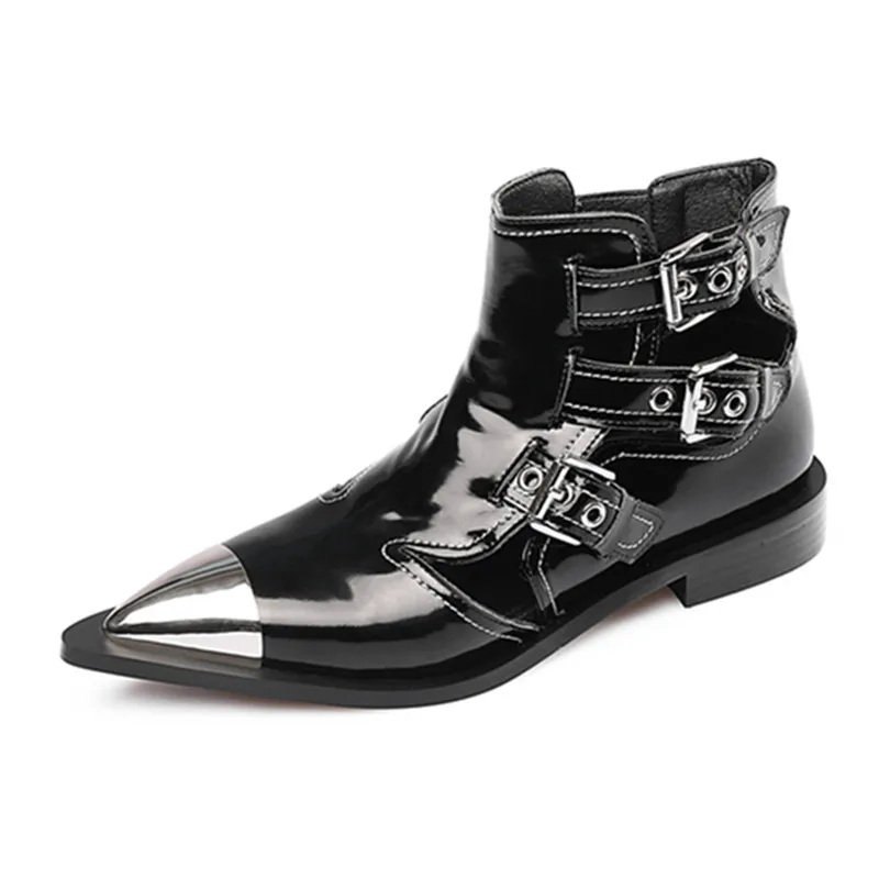 Studded Cow Leather Street Ankle Boots Buckles Women Flat Gladiator Boots Zapatos Mujer Ladies Punk Metal Toe Cap Shoes Size 43 - Цвет: black boots
