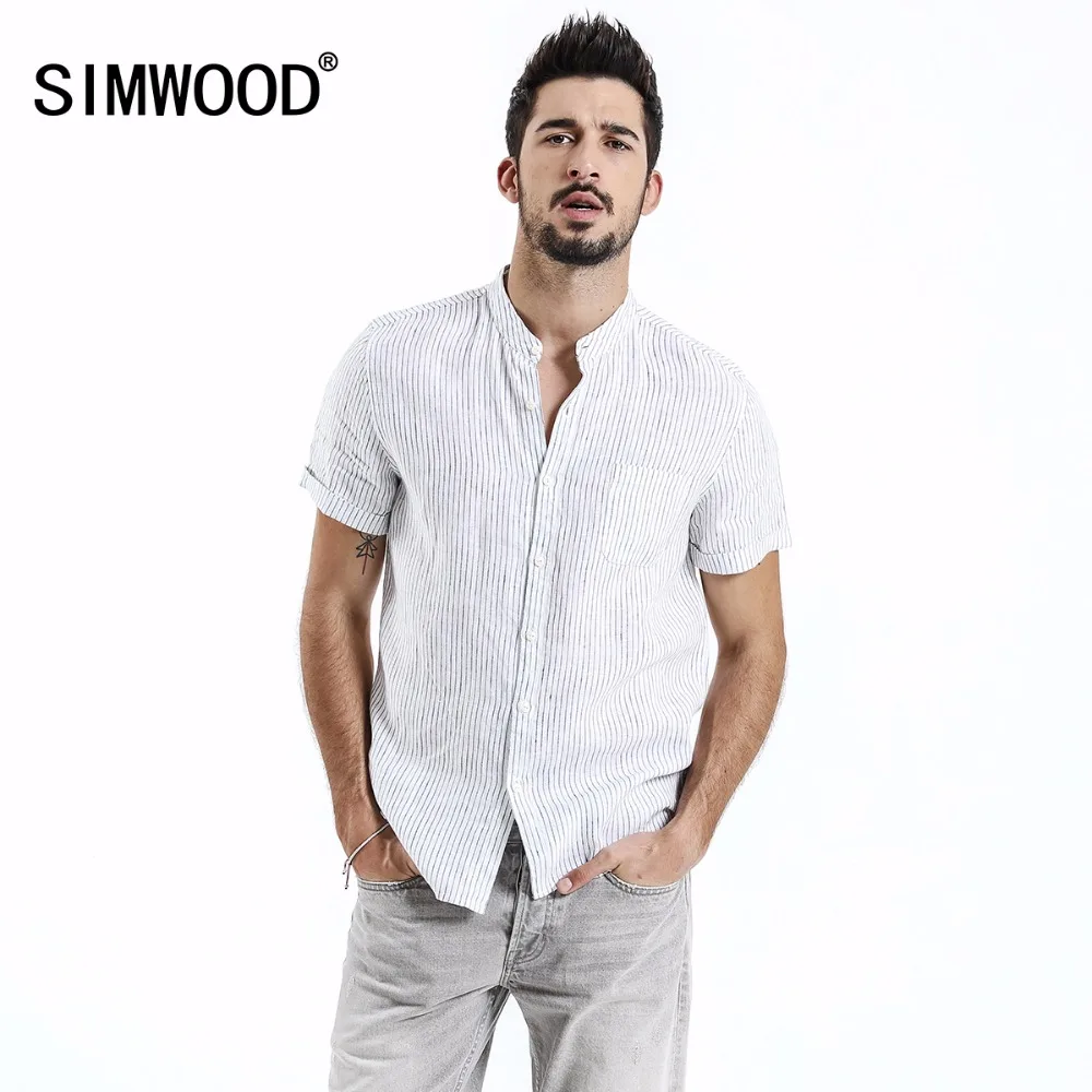 SIMWOOD 2019 летние рубашки Для мужчин 100% чистый льняные шорты рукав мужской пуловер