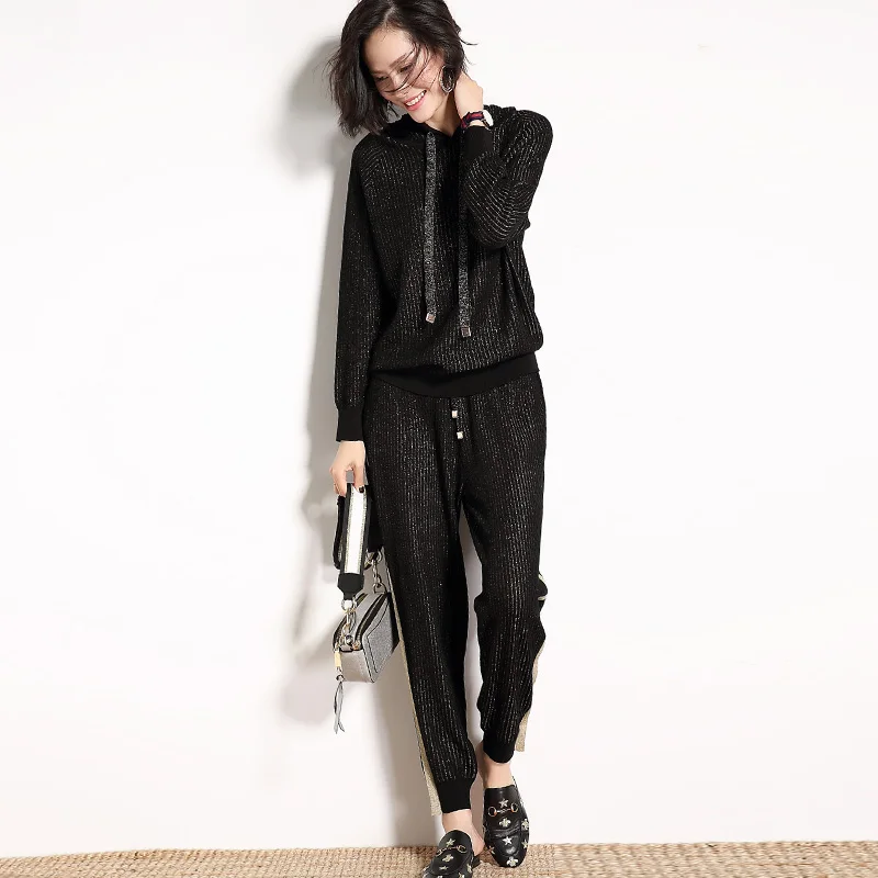 2020 New Arrival Full Hooded Drawstring Spring Woman Suit Fashion Casual Comfort Hoodie + Knit Two-piece