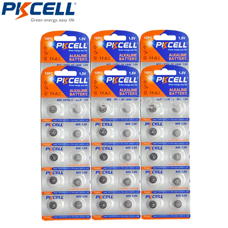 60 шт. 6 карт PKCELL AG5 щелочные батареи для монет LR48 193 754 1 5 в мАч калькулятора пульты