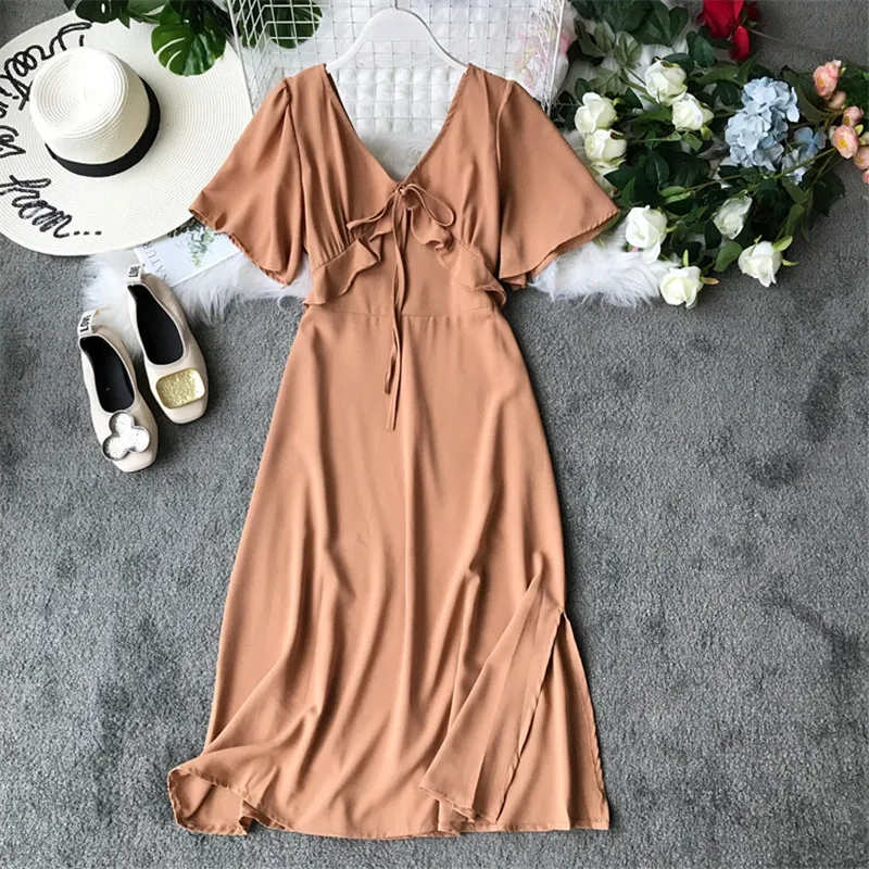 khaki Океанlove однотонные шикарные элегантные длинные платья летнее пляжное Стильное женское платье с коротким рукавом на шнуровке ТРАПЕЦИЕВИДНОЕ шикарное платье 11598 - Цвет: khaki