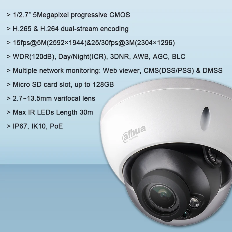 Оригинальная Dahua IPC HDBW2531R ZS/VFS 5MP WDR IR купольная сетевая камера с максимальной