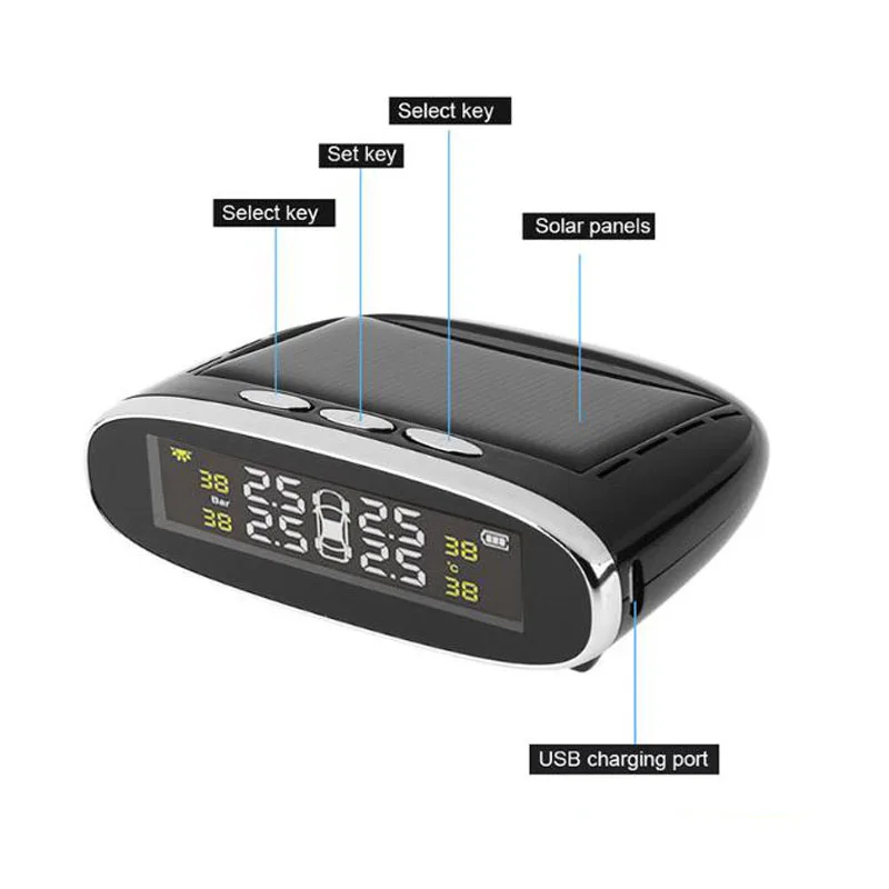 Автомобильный TPMS контроль давления в шинах солнечной энергии ЖК-дисплей Охранная сигнализация с 4 внешними или внутренними датчиками давления в шинах
