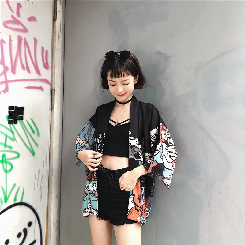 Женские топы лето Ulzzang Harajuku Kawaii Топ рубашка Японская уличная одежда блузка женская мода кимоно кардиган ZZ004