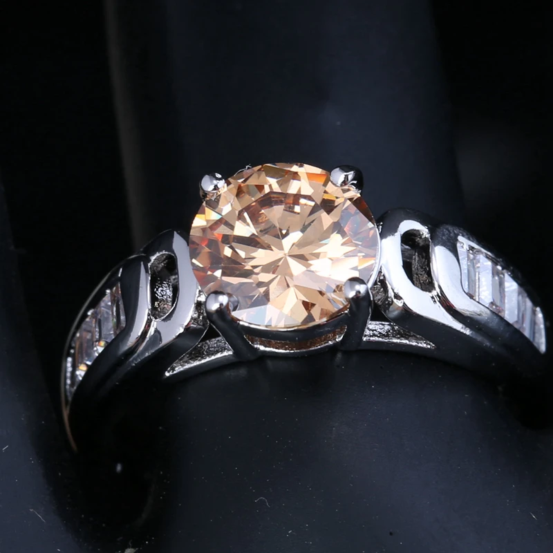 Graceful Champagne Brown Morganite Peridot Cubic zirconia Gems Overlay 925 Sterling Silver Solitaire Rings Size 6 7 8 9 S1809|ring size|ring size
