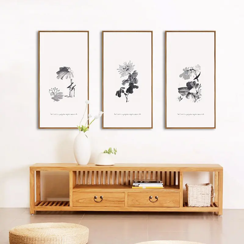 Черно белые простые цветы китайский стиль Водные чернила холст живопись