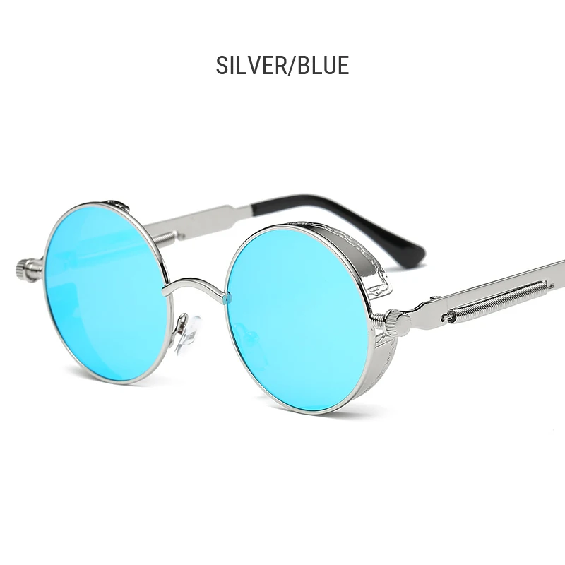 silver-blue Круглые стимпанк Солнцезащитные очки Мужские Ретро Красные защитные очки в стиле стимпанк женские брендовые дизайнерские готические очки с металлической оправой UV400 - Цвет линз: silver-blue