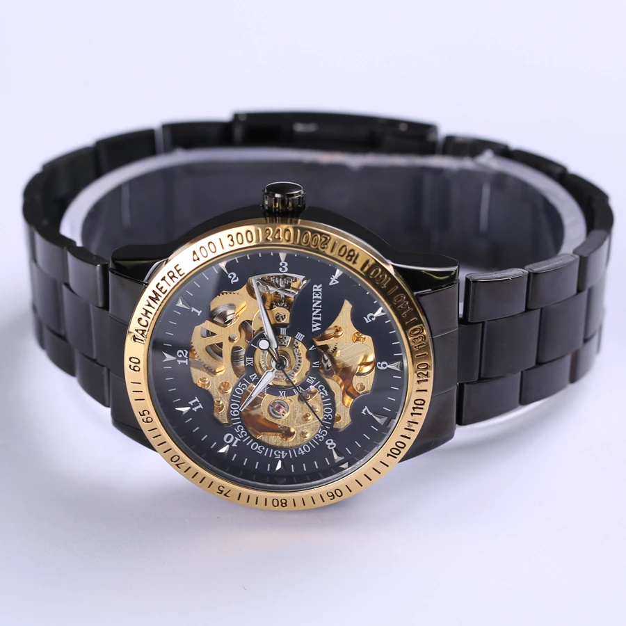 Новинка 2018 мужские наручные часы-скелетоны черного и золотого цвета