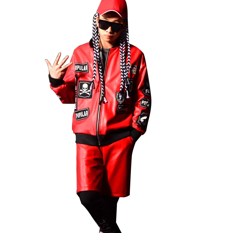 Мужская модная уличная куртка в стиле хип хоп красная кожаная пэтчворк