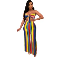 new womens hot sale sexy jumpsuit two piece night club bow print striped jumpsuit sleeveless backless color jumpsuit