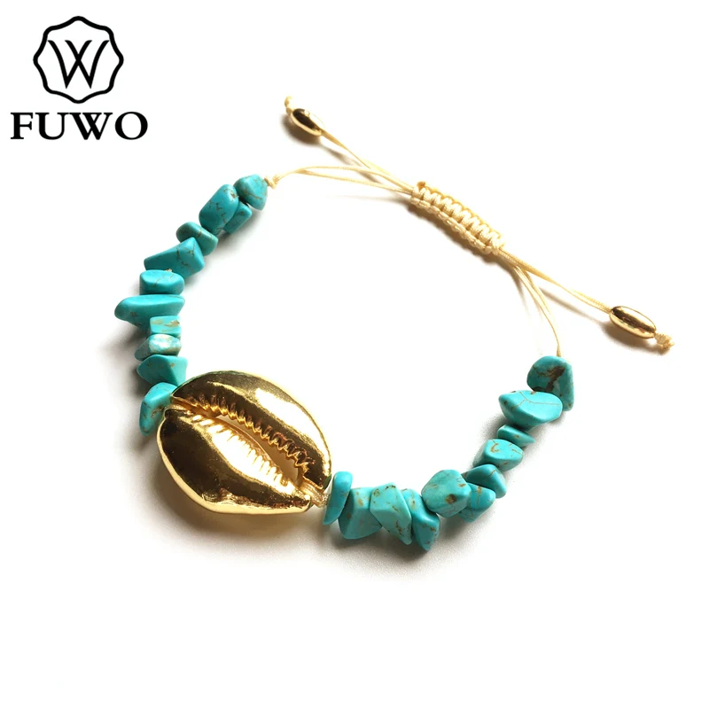 FUWO натуральный Каури бирюзовый браслет с золотым покрытием реальный из морских