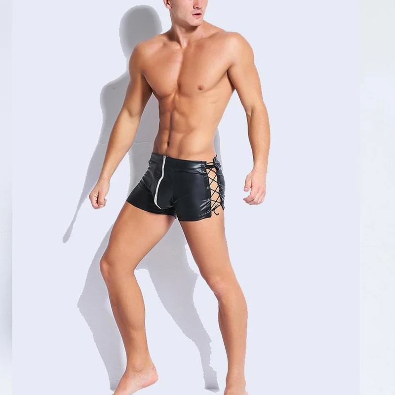 Plus Size Sexy Leather Men Boxer Shorts Lingerie Homme Gay Jockstrap Exotic Male Black Front  Zipper Lace Up Vinyl Underwear XXL