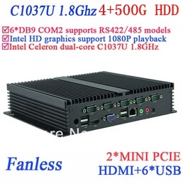 Мини-ПК IPC Industrial BOX 4G RAM 500G HDD безвентиляторный INTEL Celeron C1037u 1 8 ГГц VGA HDMI RJ45 usb 6 * COM windows