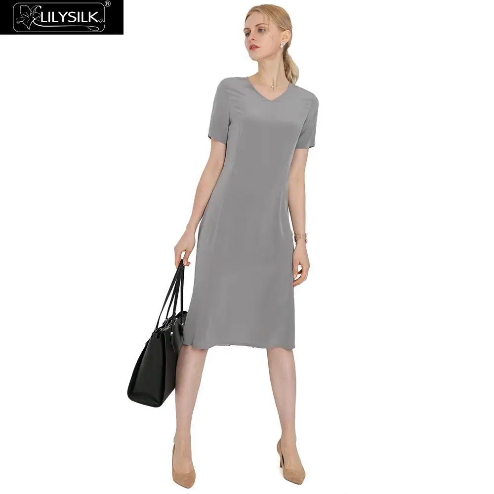 LilySilk платье шелковое женское привлекательное летнее платье - Цвет: Classy Grey