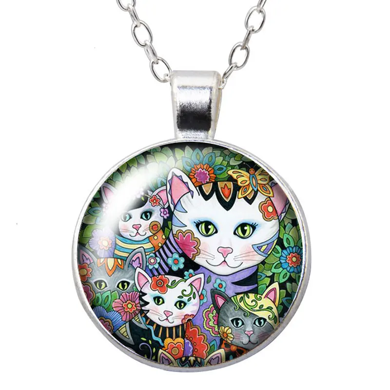 Красота картина цветы кошки фото серебряный цвет/бронза кулон ожерелье 25 мм