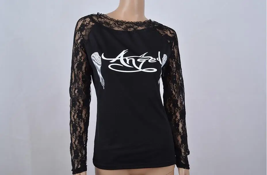 Женская Кружевная футболка с принтом Крылья Ангела осень 2016 сексуальные топы