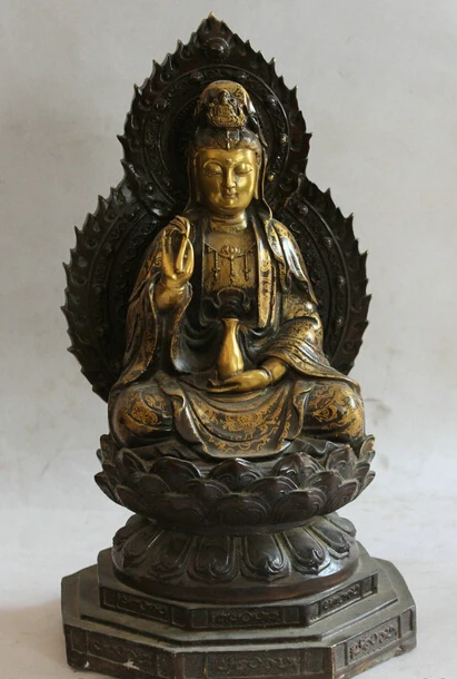 

xd 003414 16" Chinese Buddhism Bronze Seat Lotus Kwan-yin Guan Yin Goddess Vase Statue