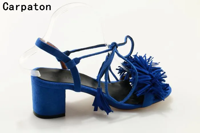 Jual Carpaton Terbuka Toe Sandal Wanita Tinggi Sepatu Tumit Tebal Fringe Desain Renda Sandal Biru Sandal Wanita Manis Party Sepatu