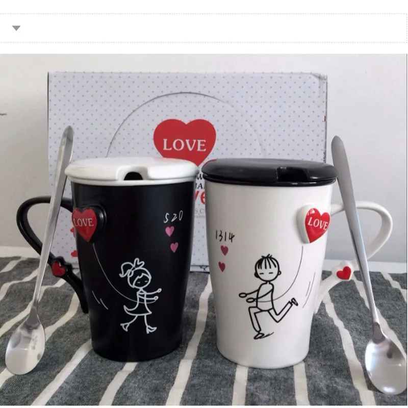 

QMJHVX 2pcs Cartoon Ceramic lovers Cups Milk 380ml Creative Fashion Couples Mug Coffee Water Cup Cute Breakfast Cup Xmas Gift