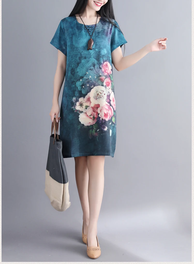 Vintage Big Size Flower print Short Sleeve Silk Dress 2018 Summer Retro Tie Dye O- Neck Plus Tunic Loose Vestidos | Женская одежда