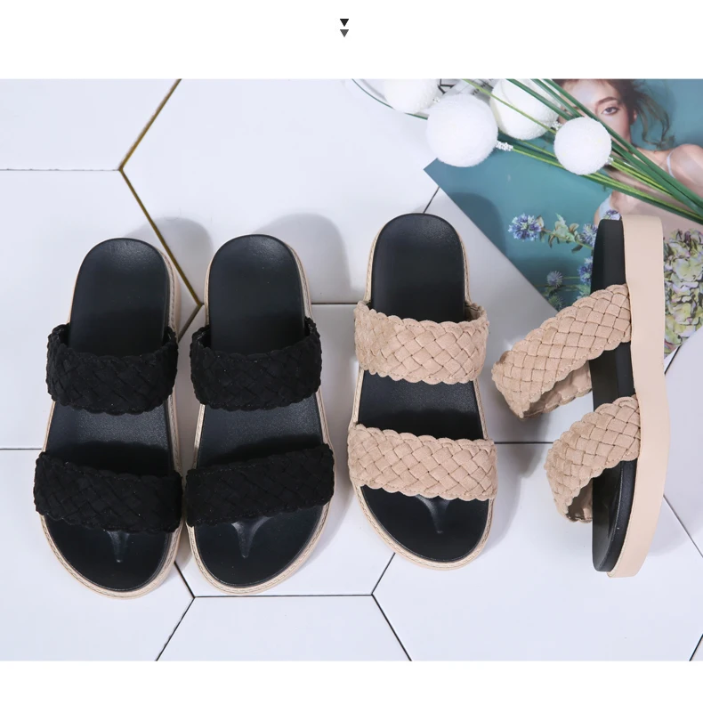 O16U/женские босоножки; слипоны с двойным ремешком; Кожаные Замшевые шлепанцы на плоской подошве; летние пляжные сандалии; вьетнамки на платформе; женские плетеные сандалии