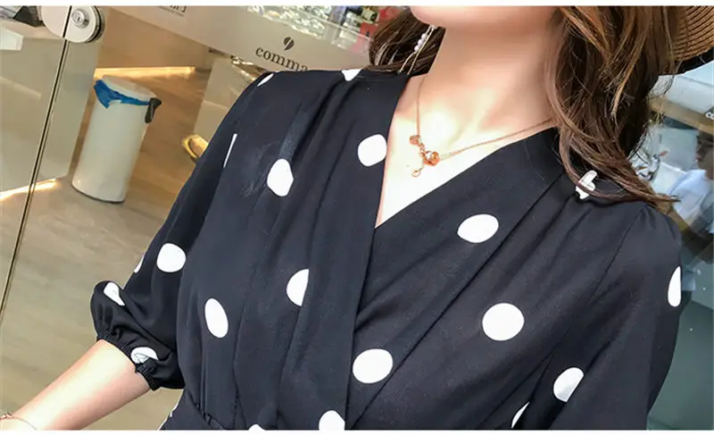 Модные Корея Новый Boho Черный шифон пляжное платье Для женщин 2019 лето волна точка