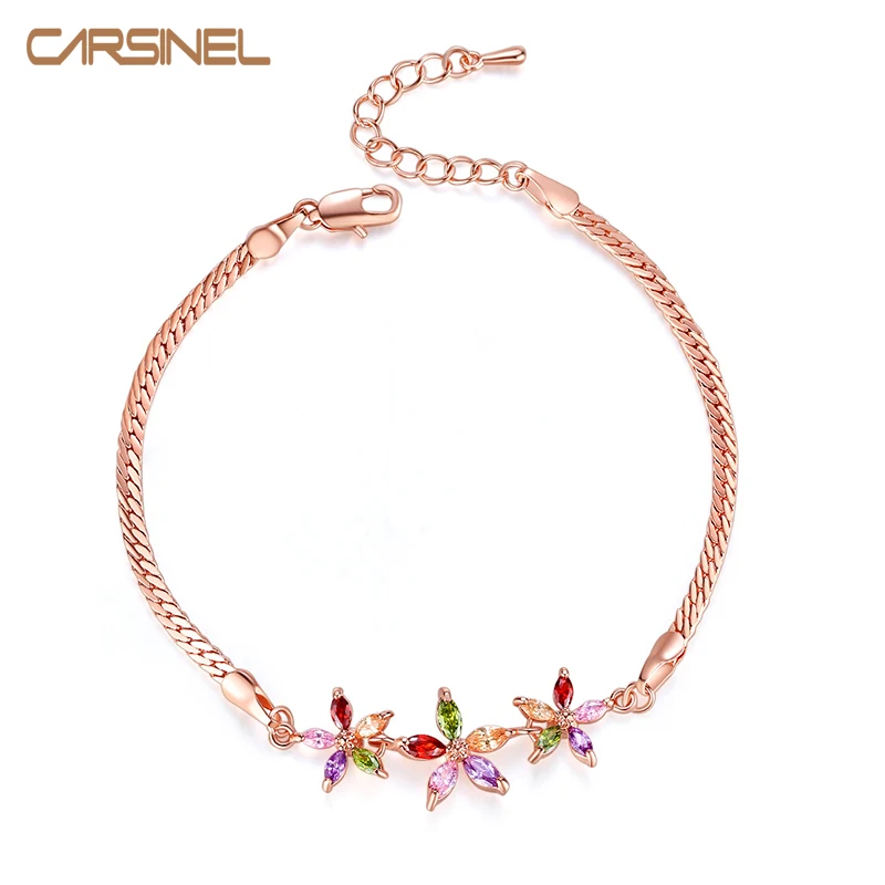 CARSINEL Модные цветные браслеты с цветами и кубическим цирконием для женщин, ювелирные изделия из розового золота