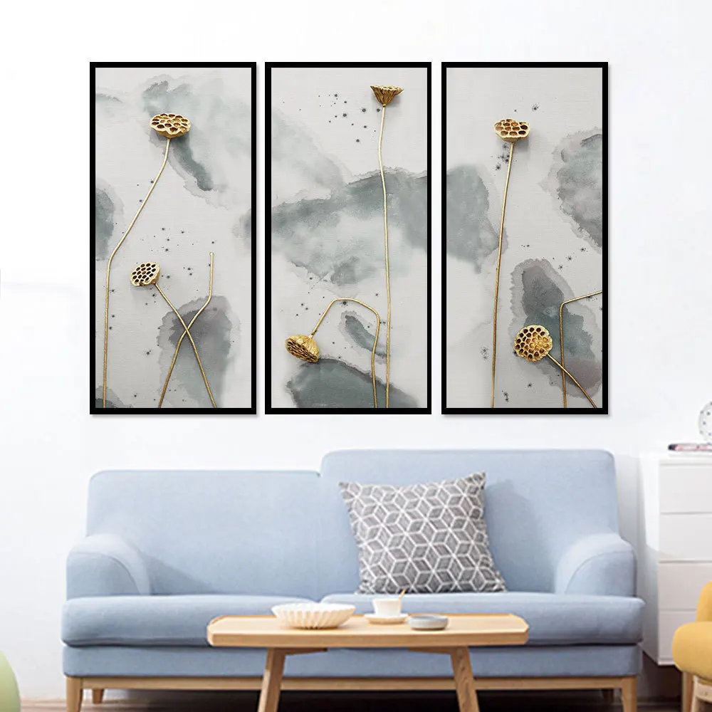 3 шт. цветочный Лотос китайская зеленая и серая картина искусственная настенный