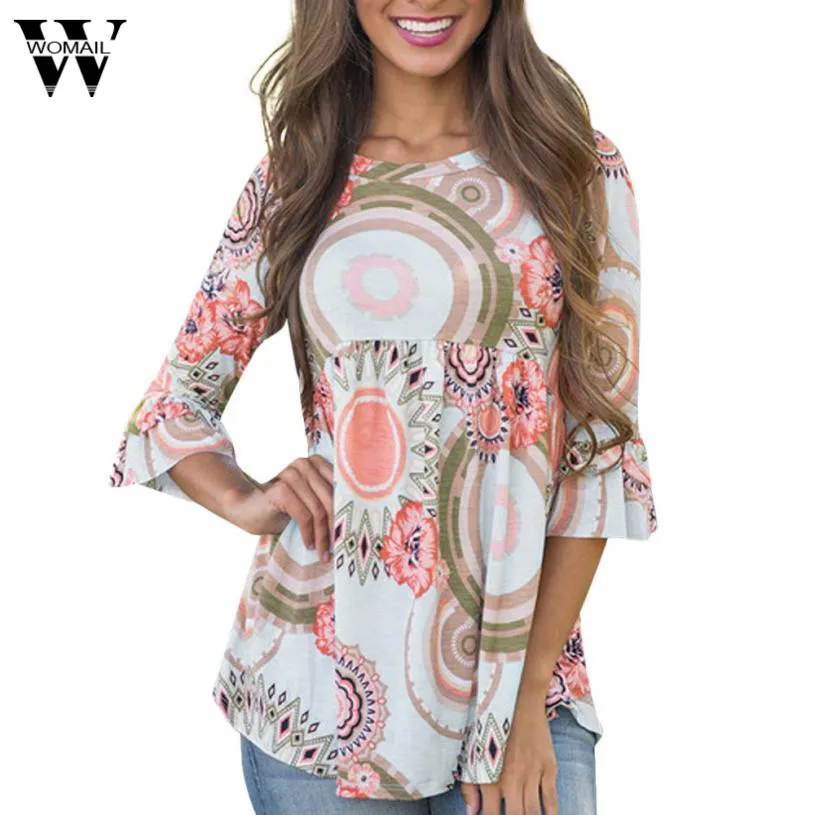 Womail Fashion Flare рукавом Для женщин с круглым вырезом Цветочный принт блузка